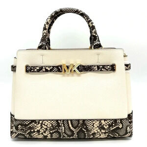 Michael Kors Large Reed Leather Belted Satchel Crossbody Bag Cream Snakeskin